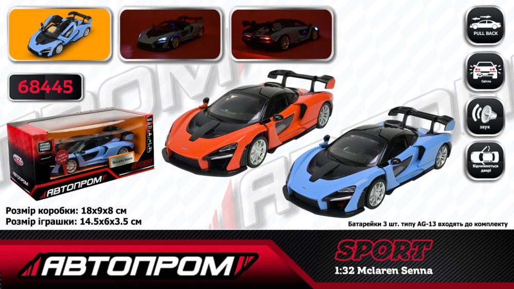 Машина мет. АВТОПРОМ арт. 68445 (48шт/2) 1:32 Mclaren Senna, батар,світло,звук,відкр.двері,кор. 18*9*8см