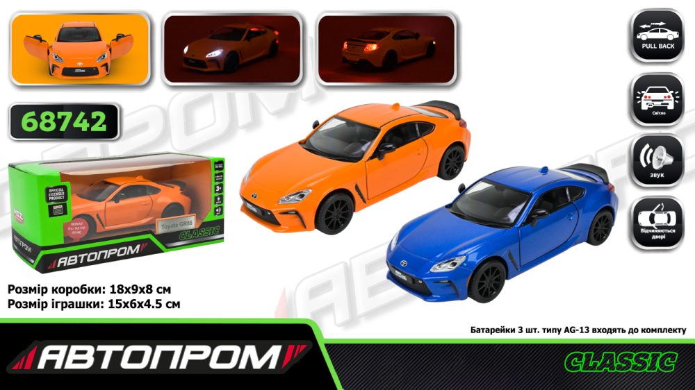 Машина мет. АВТОПРОМ арт. 68742 (48шт/2) 2 кольори 1:28 Toyota GR86, батар,світло,звук,відкр.двері,кор. 18*9*8см