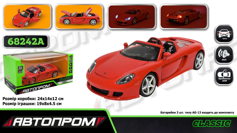 Машина мет. АВТОПРОМ арт. 68242A (12шт/2)1:24PorscheCarreraGT,св,зв,відкр.дв,кап,баг,.короб. 25*12,5*10см
