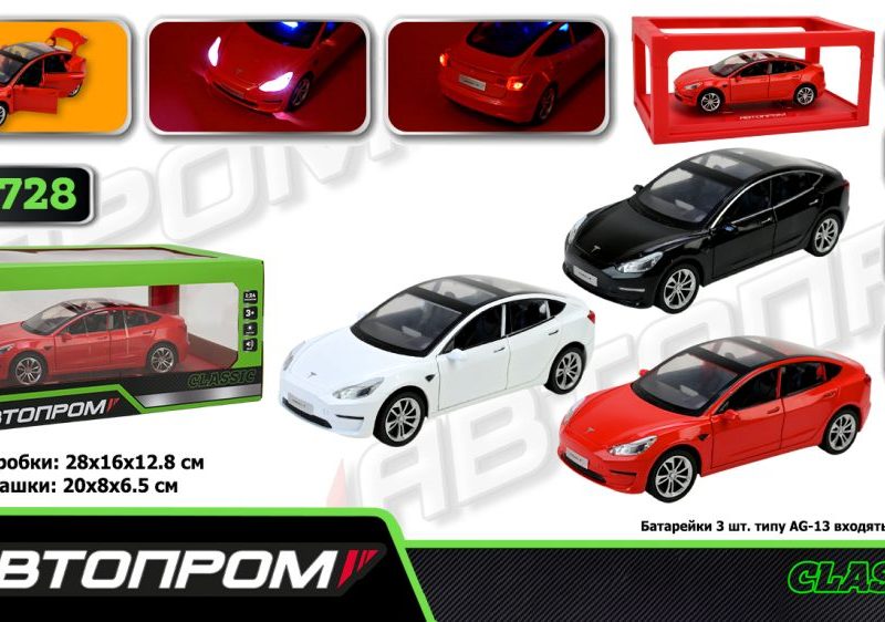 Машина мет. АВТОПРОМ арт. AP7728 (12шт/2) 1:24 Tesla model 3, батар,світло,звук,відкр.двері,короб. 28*16*12,8см