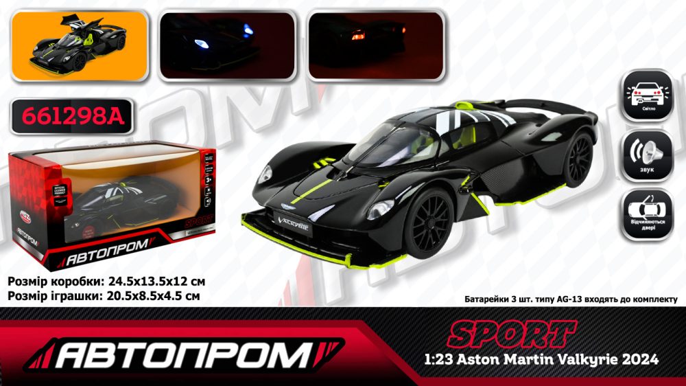 Машина АВТОПРОМ мет. арт. 661298A (12шт/2) 1:23 Aston Martin Valkyrie 2024, бат,світло,звук,відкр.двері,у короб. 24,5*12см