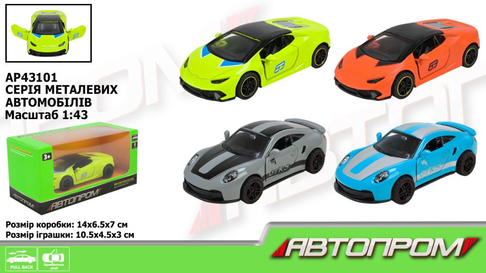 Машина мет. АВТОПРОМ арт. AP43101 (96шт/2) 1:43,4 кольори відкр.двері, у короб. 14*7*6,5см