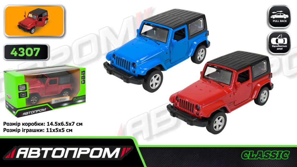 Машина мет. АВТОПРОМ арт. 4307 (96шт/2), 1:42 JEEP WRANGLER, 3 кольор., відкр.двері, короб. 14,5 * 6,5 * 7см